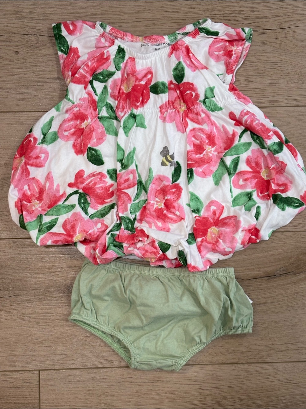 Burt’s Bees Baby Floral Bubble Dress with Green Bloomer - Pink & Green